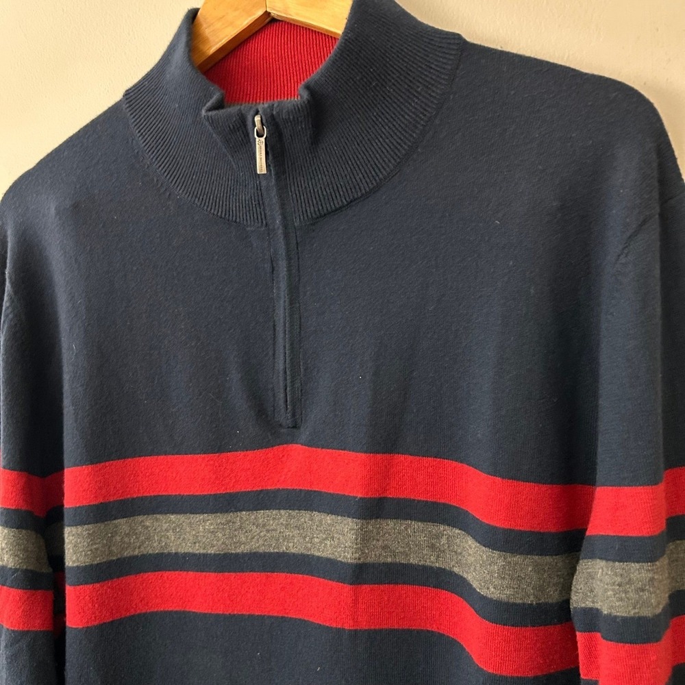 Brooks Brothers Sweater Mens XL Navy Blue Red Stripe 1/4 Zip Pullover Wool Blend